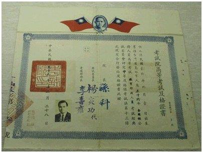 Senior-grade Civil Service Examinations certificate of Examination Yuan President Hsu Shui-teh, 1967